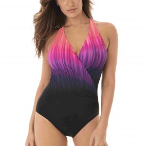 wearing the Miraclesuit Belle Trois Wrapsody Swimsuit in Sunrise Pink