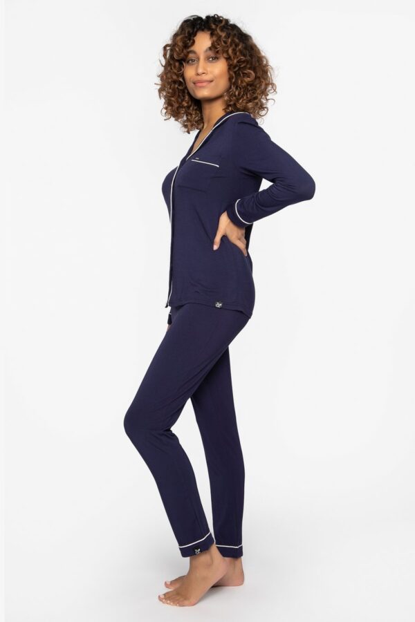 side view of Pretty You London Bamboo Pyjamas in Midnight