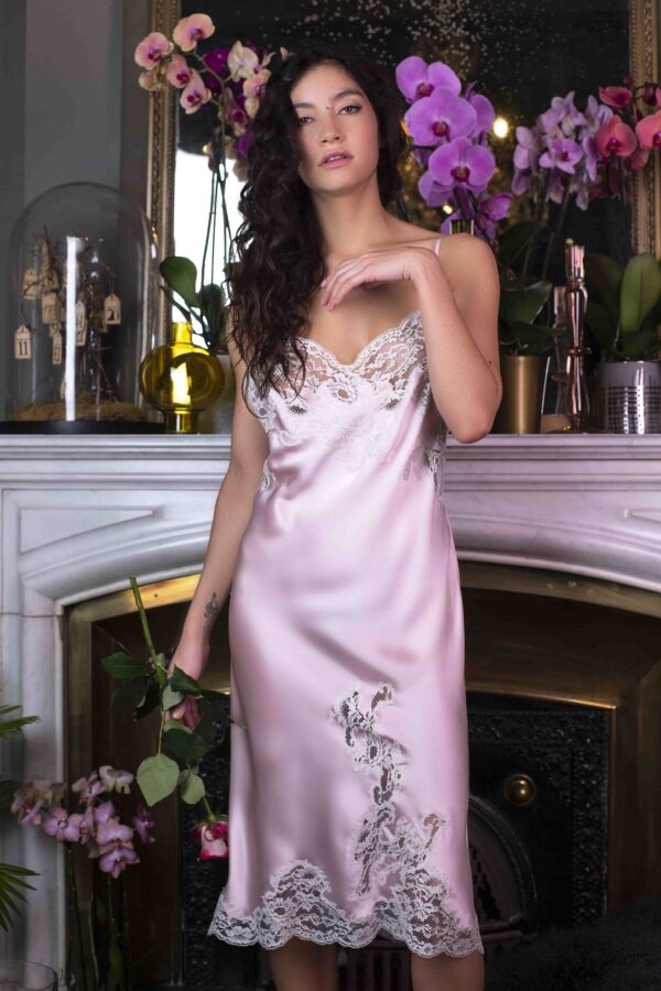buy the Marjolaine Long Silk Nightdress in Pink/Pearl