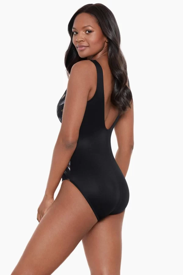 side view of Miraclesuit Bronze Reign Charmer Swimsuit Black Multi